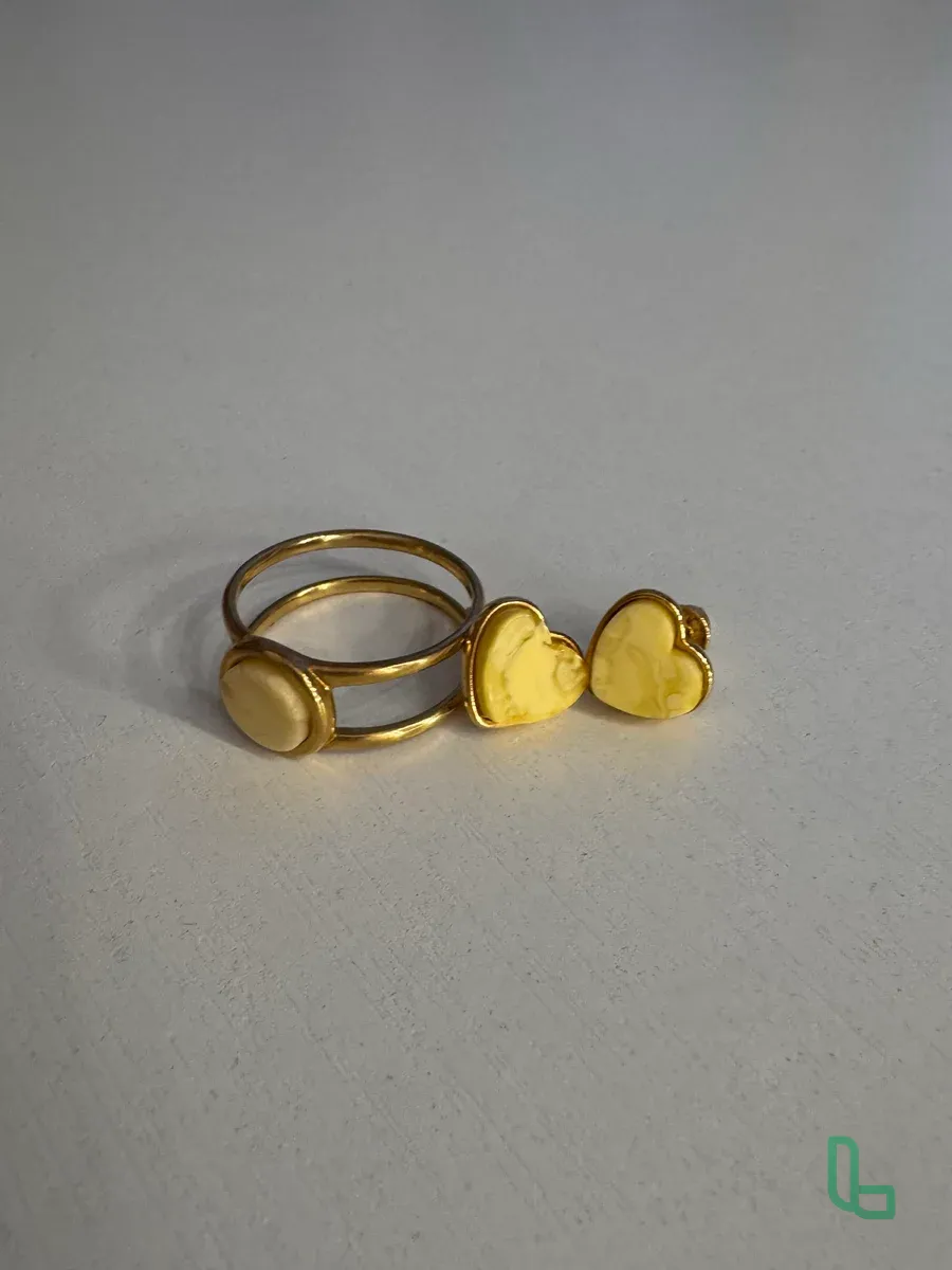 Комплект серьги и кольцо с янтарем